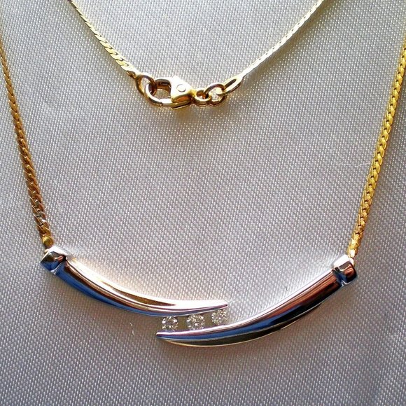Vintage Designer Two Tone 14K Yellow White Gold Diamond Necklace Collier Chain